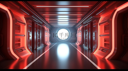 黑暗气氛中红光照明的外星飞船走廊 3D 渲染通道入口