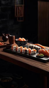 日本料理美食背景背景图片_寿司店寿司三文鱼背景