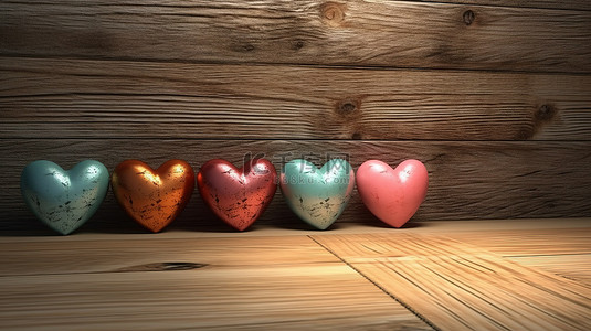 木板情人节背景图片_复古木质背景与 3D 渲染的爱心
