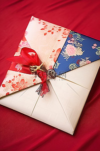 手工传统背景图片_情侣套装手工制作中国丝绸丝绸新娘和新郎邀请信封