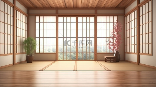 日式榻榻米背景图片_浅白色背景上铺有木地板的日式房间的 3D 渲染