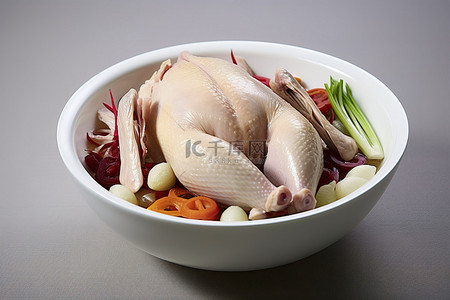 春节唐装背景图片_一个白色的碗，里面装有生鸡肉和蔬菜