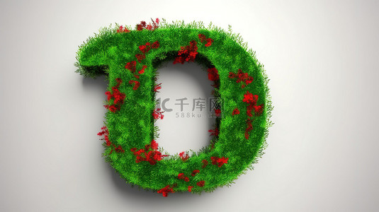 设计字体背景图片_3D 渲染孤立的九号，周围环绕着郁郁葱葱的绿草和充满活力的红色花朵