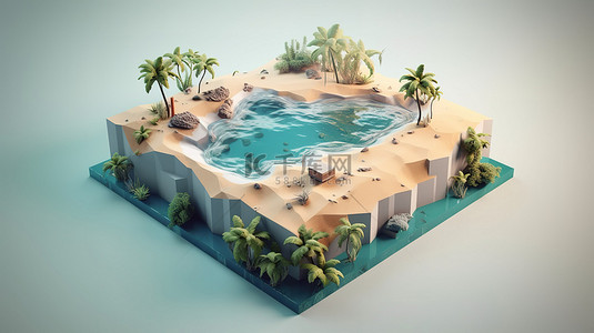 等距海滩天堂，一个 3D 插图岛，有棕榈树鱼沙子和水