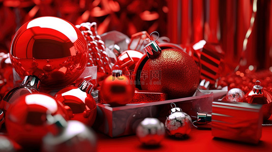 充满活力的红色圣诞背景上的节日新年装饰品的 3D 渲染