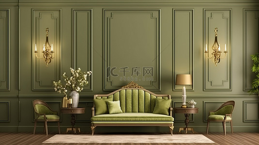 橄榄背景图片_橄榄色的愉悦感，经典的室内设计，木质墙板展示了 3D 渲染的壁灯和框架