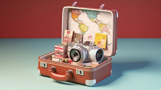 世俗冒险一个打开的手提箱的 3D 渲染，配有全球相机护照和旅游和旅行门票
