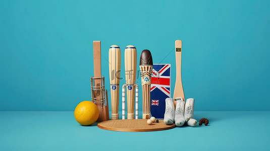英格兰与澳大利亚板球队的 3D 渲染，配有锦标赛装备和蓝色背景上的空白空间