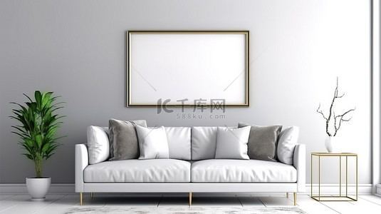 现代客厅内部配有白色沙发和大理石地板水平相框模型，以 3D 呈现白色