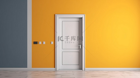 现代阁楼，配有白色门和阳光明媚的黄色砖墙，以 3D 渲染的木地板为背景