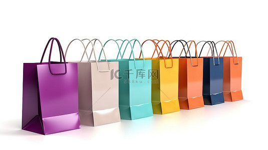 充满活力的购物袋，由彩色纸制成，呈现在 3D 白色背景上
