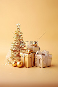 金色背景上有两棵树的圣诞快乐礼物