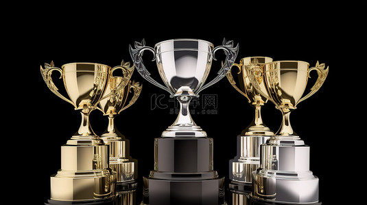 比赛领奖台背景图片_白色领奖台，镶有金银和青铜的 3D 奖杯