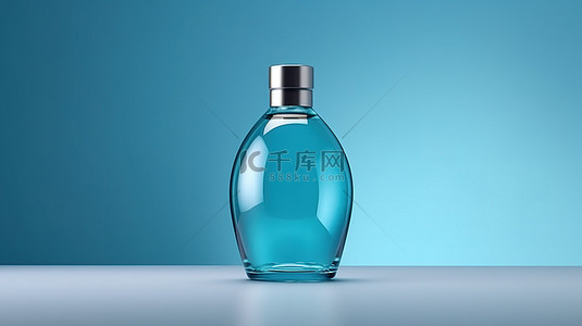 精心制作的化妆品瓶以 3D 渲染前视图展示，非常适合在舒缓的蓝色背景下展示产品或品牌