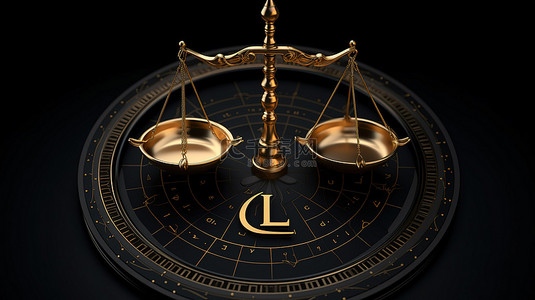 在法庭上背景图片_1 正义符号尺度的 3D 插图打印在黑色背景上，用于法律标志设计