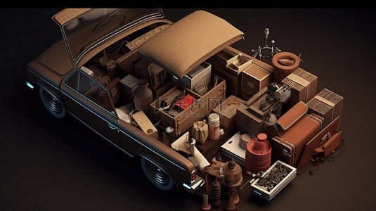 棕色车轮背景图片_棕色客车中的大量财产打开后备箱的 3D 等距视图
