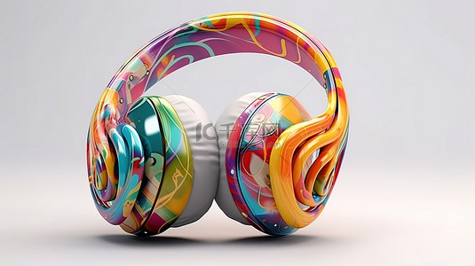 彩色耳机的前视图，带有在白色背景上以 3D 呈现的音乐音符