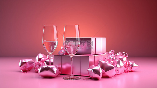 粉红心形装饰礼品盒和香槟杯的 3D 插图渲染