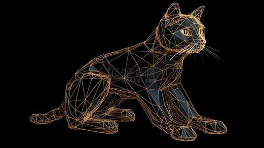 隔离在多边形猫科动物的黑色 3D 渲染线框上