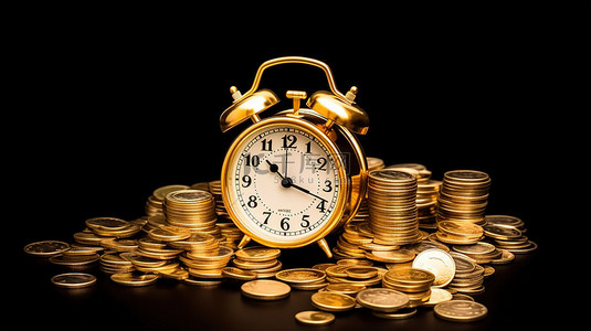黑色背景上的老式闹钟和美元硬币是对财富 3d 渲染的永恒致敬
