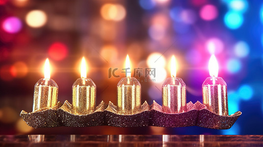 燃烧的蜡烛背景图片_光明节大烛台的 3D 插图，在模糊的窗户上闪烁着发光的蜡烛背景
