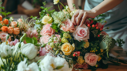 情人节花束图片背景图片_花艺师整理花朵花束背景图片