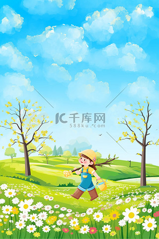 植树节春季春天蓝色手绘卡通背景