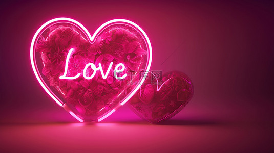 “LOVE”在心形霓虹灯与浪漫图片