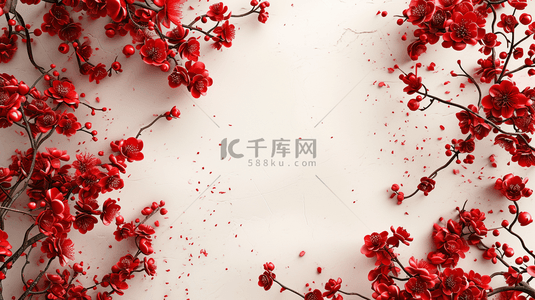 红色手绘质感树枝花朵花束的简约背景8