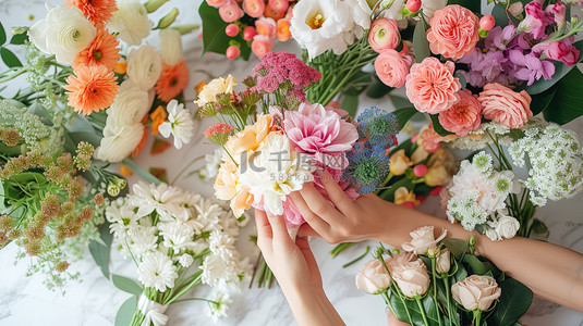 情人节花束图片背景图片_花艺师整理花朵花束背景图片