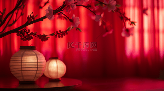 桃花背景图片_过年中式室内装饰新年春节红色灯笼喜庆的背景15