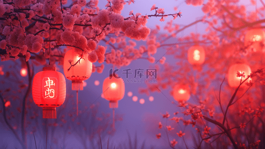 夜晚中国春节过年红灯笼挂树上的背景10