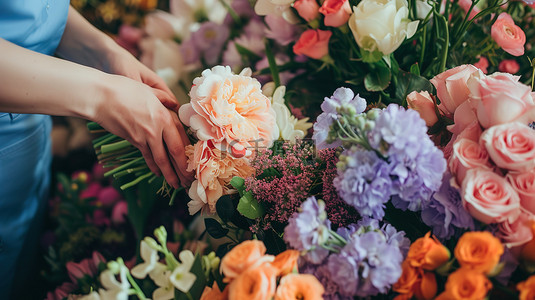 情人节花束图片背景图片_花艺师整理花朵花束图片