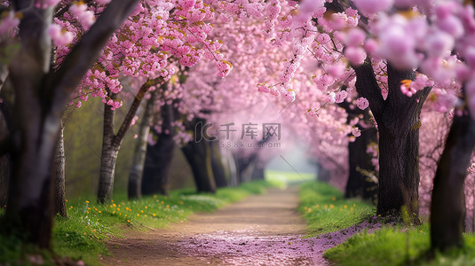 火龙果果园背景图片_盛开的樱花大道春天背景素材