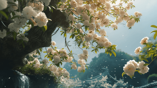 花果山瀑布背景图片_唯美自然风景瀑布边上美丽花朵的背景5