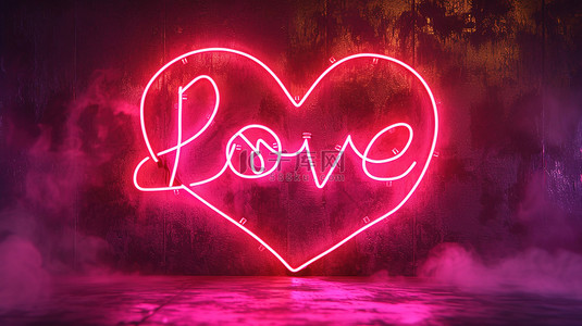 “LOVE”在心形霓虹灯与浪漫背景图片