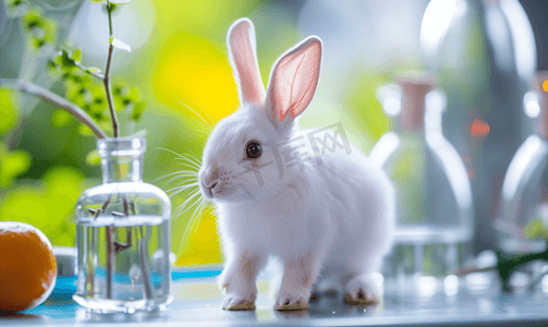 带墨镜的兔子摄影照片_实验中的小兔子