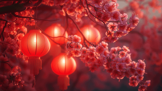 树上的蝉背景图片_夜晚中国春节过年红灯笼挂树上的背景7