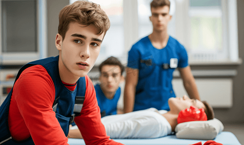 青年男性示范人工呼吸急救教学