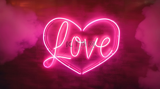 “LOVE”在心形霓虹灯与浪漫背景素材