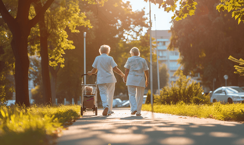 护士带行动不便的老人户外散步