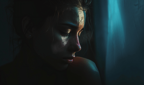 纠结的人摄影照片_在黑暗中抑郁的人难过的女性