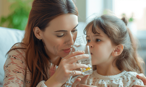 小女孩喝水摄影照片_妈妈照顾生病女儿喝水吃药