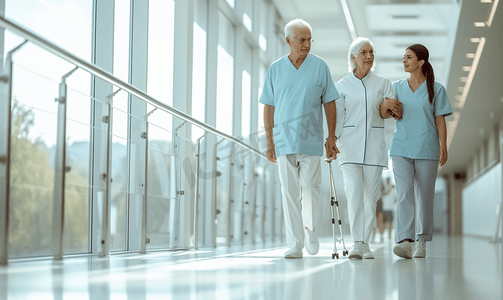 护士搀扶行动不便的老人走路