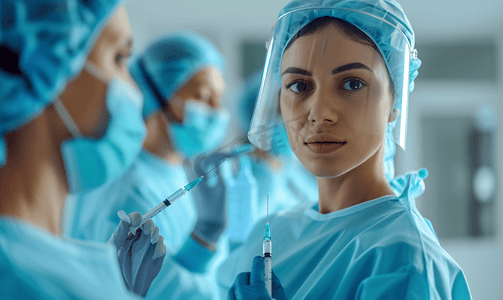 女性医生手术服拿着针筒打针