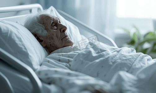 老年人躺病床摄影照片_一个老年人躺在医院病床上