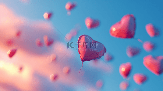 浪漫爱心气球背景图片_蓝天白云下爱心气球飞向天空的背景10