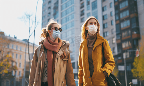 城市摄影照片_城市生活青年女人戴口罩在户外行走