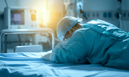 男性手术服医生瘫倒在病床上