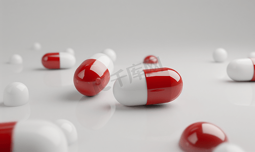 圆形药摄影照片_白色药品和红色药球渲染图
